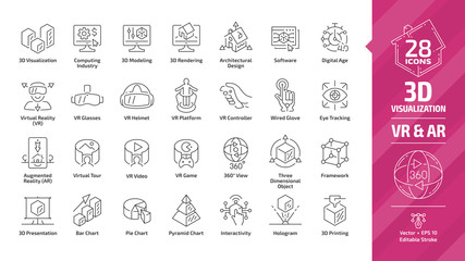 3D visualization outline icon set with virtual & augmented reality (VR & AR) visual technology editable stroke line symbols: architectural design, software, digital age, presentation and chart graph.