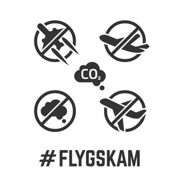 Fly gskam icon with flygskam or shame of flying, CO2 pollution, degrowth of aviation symbols.