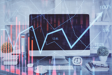 Forex graph hologram on table with computer background. Double exposure. Concept of financial markets.