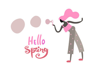 Vector illustration, trendy flat cartoon girl blowing bubbles. 