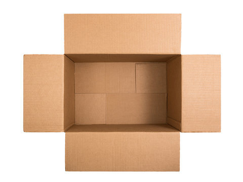 Opened cardboard box isolated on white background. Top view. Flat lay