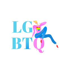 Vector colorful illustration, trendy gay man on heels with LGBTQ text. Flat cartoon style, isolated. Applicable for LGBT, transgender rights concepts, logos, flyers, etc.