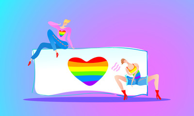 Vector colorful illustration, trendy gay men on heels with a poster and a rainbow heart. Flat cartoon style, neon background. Applicable for LGBT (LGBTQ), transgender rights concepts, etc.