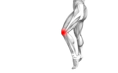 Conceptual knee human anatomy with red hot spot inflammation or articular joint pain for leg health care therapy or sport muscle concepts. 3D illustration man arthritis or bone osteoporosis disease