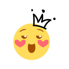 Vector illustration, yellow emoji of falling in love. With hand drawn black marker doodle detail such as crown scribing sign. High quality, isolated. Ideal for liking and other positive concepts.