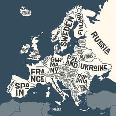 Europa, kaart. Posterkaart van Europa met landnamen