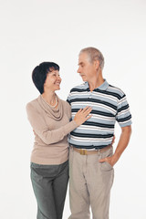 Fototapeta premium couple in love hugs on white background. man and woman smiling. Valentine's day