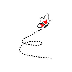 Butterfly with red heart on wings flying on a dotted line path