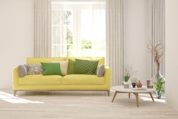 Stylish room in white color with sofa. Scandinavian interior design. 3D illustration