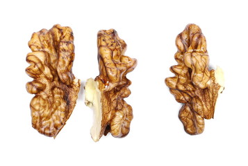 Walnuts without shell isolated on white background, top view