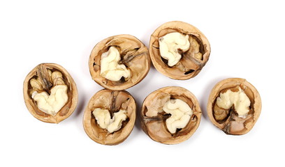 Walnuts isolated on white background, top view