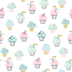 Cupcake vector pattern. Hand drawn cute cupcakes seamless background for party, birthday, greeting cards, gift wrap, stationery. 