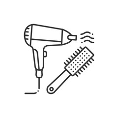 To dry hair black line icon. Hair styling items, dryer and hairbrush. Hairdresser services. Beauty industry. Pictogram for web page, promo.