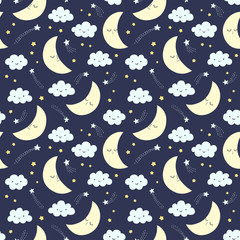 Obraz na płótnie Canvas Hand drawn night sky vector pattern with smiling moon, stars and clouds on a dark background. Cute night sky seamless background. 