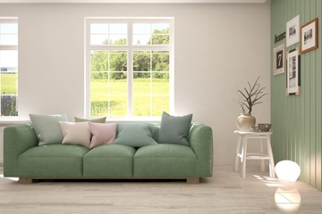 Stylish room in white color with sofa and summer landscape in window. Scandinavian interior design. 3D illustration