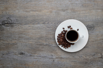 espresso coffee with beans, copy space