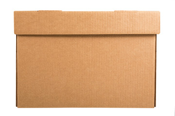 Cardboard archive storage box isolated on white background. Side view