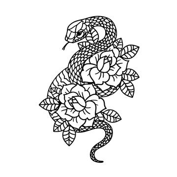 recommend clip art: Tattoo with rose and snake with sacred geometry frame. Roses Isolated vector illustration.