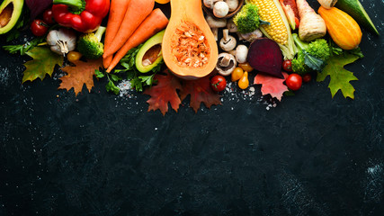 Autumn vegetables on a black stone background: Pumpkin, tomatoes, corn, cucumber, onion, carrot. Autumn food. Top view. Free copy space.