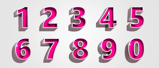 Metallic silver 3D numbers pink inside on white isolated background. Rendering of the numbers 1, 2,3, 4, 5, 6, 7, 8, 9, 0 . 3D under view render.