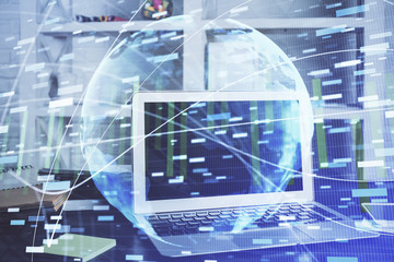 Multi exposure of business theme icons and table with computer background. Concept of success.