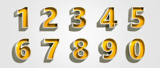 Metallic silver 3D numbers yellow inside on white isolated background. Rendering of the numbers 1, 2,3, 4, 5, 6, 7, 8, 9, 0 .  3D under view render.