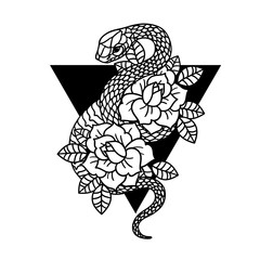 Tattoo with rose and snake with sacred geometry frame. Roses Isolated vector illustration.