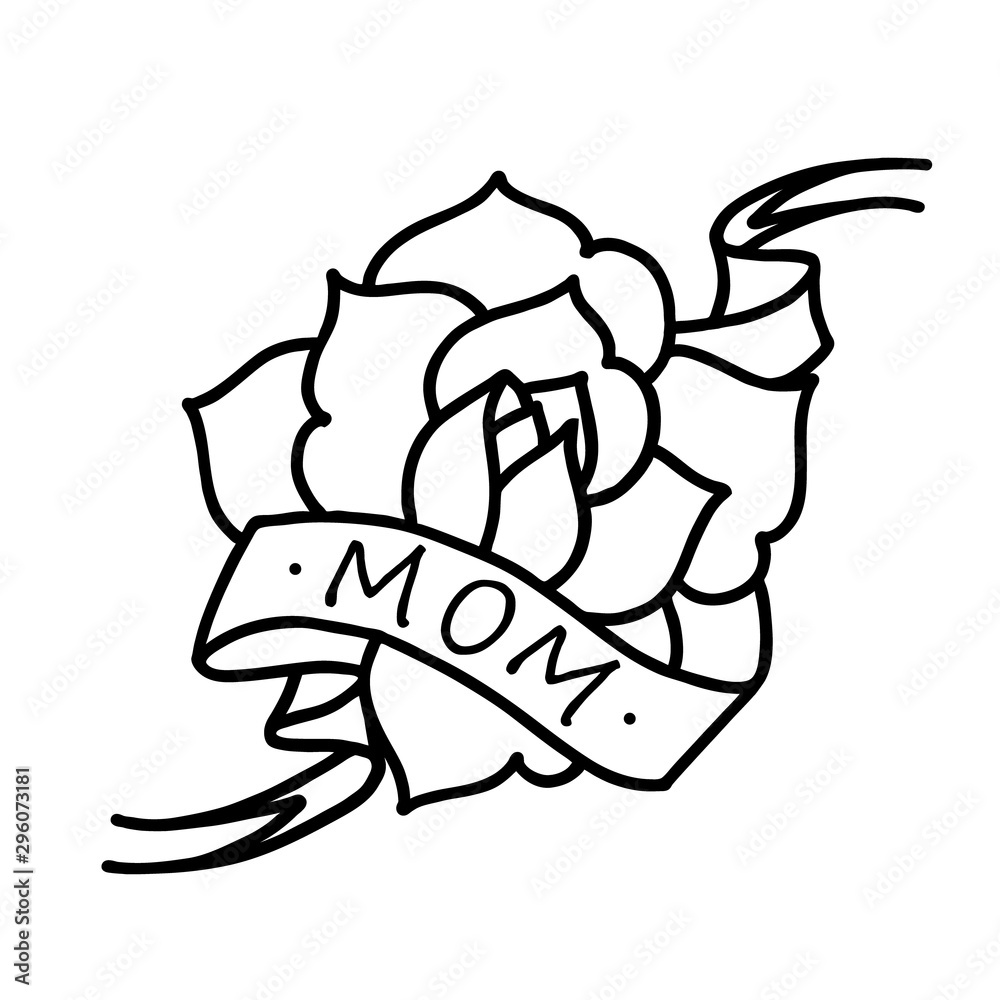 Sticker Rose tattoo with ribbon and word Mom and Mother. Vector illustration art.