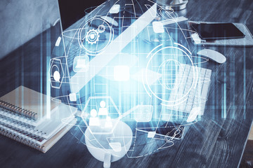 Computer on desktop with social network theme icon. Multi exposure. Concept of international connections.