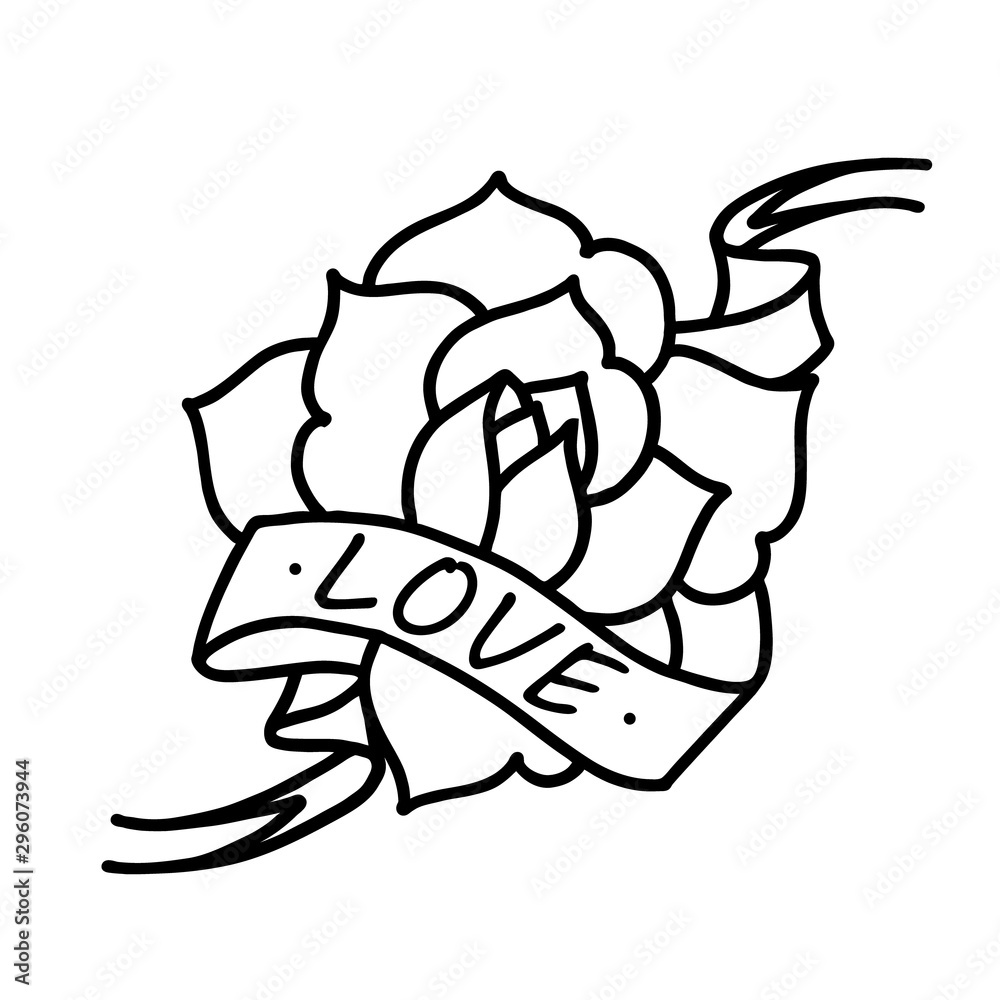 Wall mural rose tattoo with ribbon and word love. vector illustration art. vintage engraving.