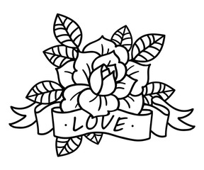Rose tattoo with ribbon and word Love. Vector illustration art. Vintage engraving.