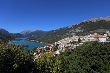 Barrea, Italy - 12 October 2019: Lake Barrea and the mountain village