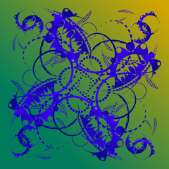 Naklejka premium Abstract pattern of azure curls and blue stems of plants on a yellow and blue background.