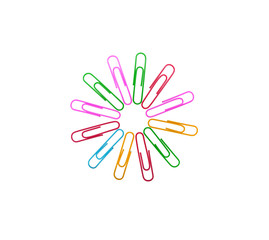 Series of colorful paper clips with circle shape on white background. Decorative paper clips in pink, yellow, green, red and blue colors