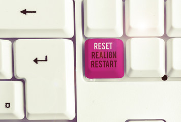 Conceptual hand writing showing Reset Realign Restart. Concept meaning Life audit will help you put things in perspectives White pc keyboard with note paper above the white background - obrazy, fototapety, plakaty