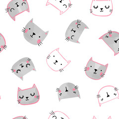 Cat vector pattern with hand drawn painted cat faces. Seamless print illustration for children.