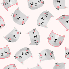 Cat vector pattern with hand drawn painted cat faces. Seamless print illustration for children.