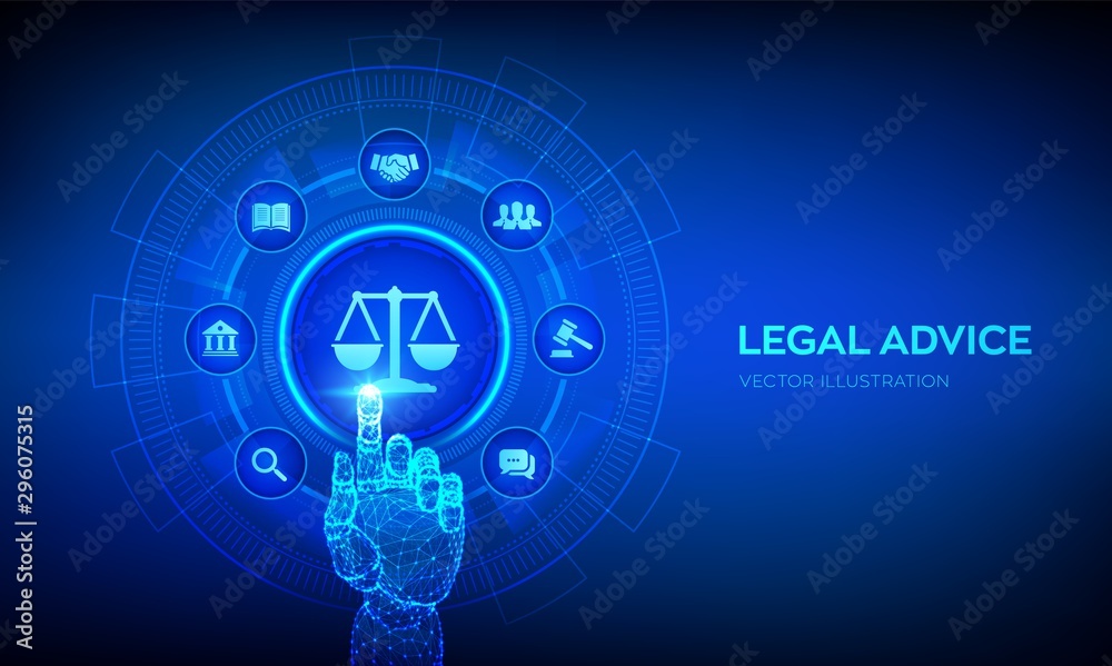 Poster Labor law, Lawyer, Attorney at law, Legal advice concept on virtual screen. Internet law and cyberlaw as digital legal services or online lawyer advice. Robotic hand touching digital interface. Vector