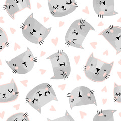 Katten naadloos vectorpatroon met harten. Leuke handgetekende kittengezichten. Valentijnsdag.