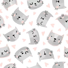 Fotobehang Katten Katten naadloos vectorpatroon met harten. Leuke handgetekende kittengezichten. Valentijnsdag.