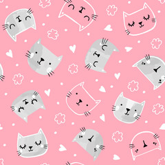Cat vector seamless pattern with hand drawn cat faces, hearts and flowers. Valentines day. Baby girl, children print design.