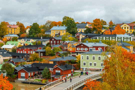 View of old Porvoo, Finland. Beautiful city autumn landscape with colorful wooden buildings.