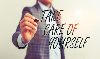 Conceptual hand writing showing Take Care Of Yourself. Concept meaning a polite way of ending a...
