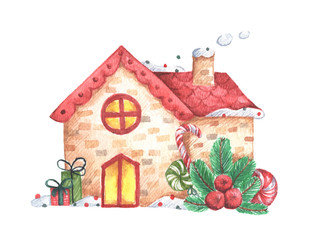 Winter illustration with houses isolated on white background. Watercolor Christmas card for invitations, greetings, holidays and decor.