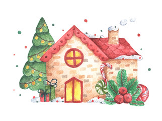 Winter illustration with houses on white background. Watercolor Christmas card for invitations, greetings, holidays and decor.