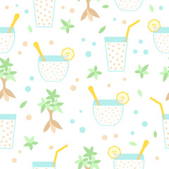 Seamless pattern with tapioca. Pudding, bubble tea, Bush with roots. Flat vector on white background