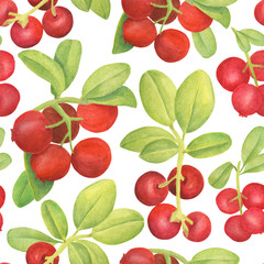 Watercolor cowberry seamless pattern. Hand drawn branches with red berries and leaves on white background. Forest plant for design, cards, invitations, wallpaper, wrapping, textile, food packaging.