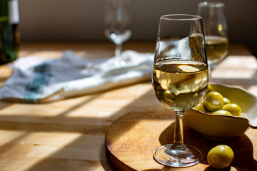 Sherry wine tasting, dry fino, manzanilla or palomino jerez fortified wine in glasses, Jerez de la...