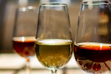 Sherry wine tasting, selection of different jerez fortified wines from dry to very sweet in glasses, Jerez de la Frontera, Andalusia, Spain