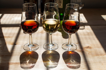 Sherry wine tasting, selection of different jerez fortified wines from dry to very sweet in glasses, Jerez de la Frontera, Andalusia, Spain